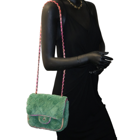 CHANEL Terry Cloth Quilted Small Flap Bag Green Pink