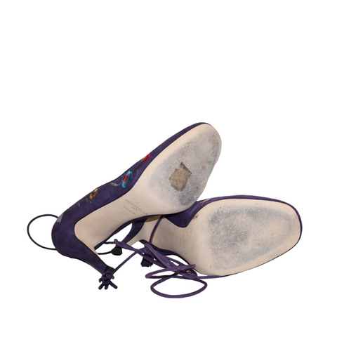 Jimmy CHOO Chelan Purple Suede Floral Ankle Tie Tassel Pumps Size 39 EUR