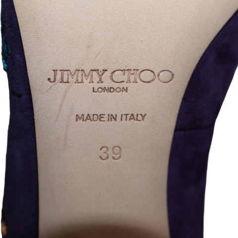 Jimmy CHOO Chelan Purple Suede Floral Ankle Tie Tassel Pumps Size 39 EUR