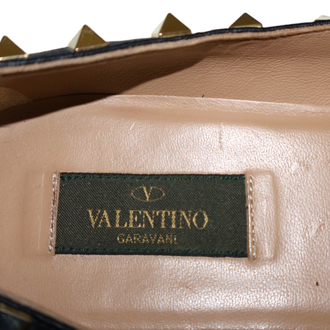 VALENTINO Black Leather Camo Crystal Rockstud Flats Size 38