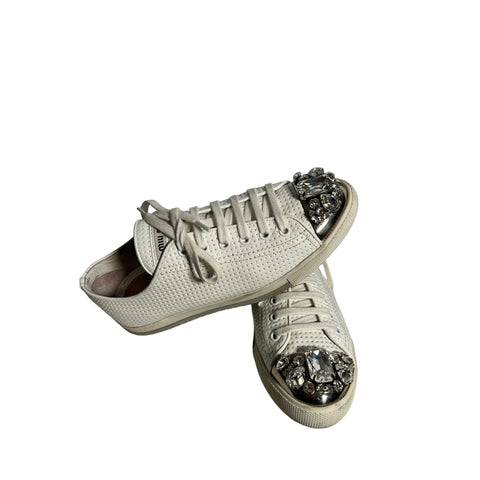 MIU MIU  Leather Crystal Embellishments Sneaker
